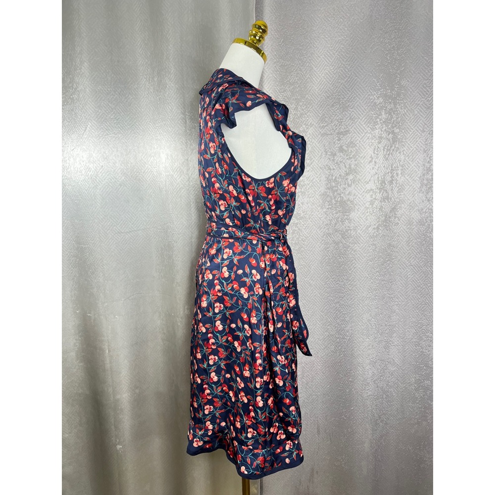 Hi There Karen Walker Cherry Print Wrap Dress Navy Blue Ruffle Hem Womens 12 - Picture 4 of 10